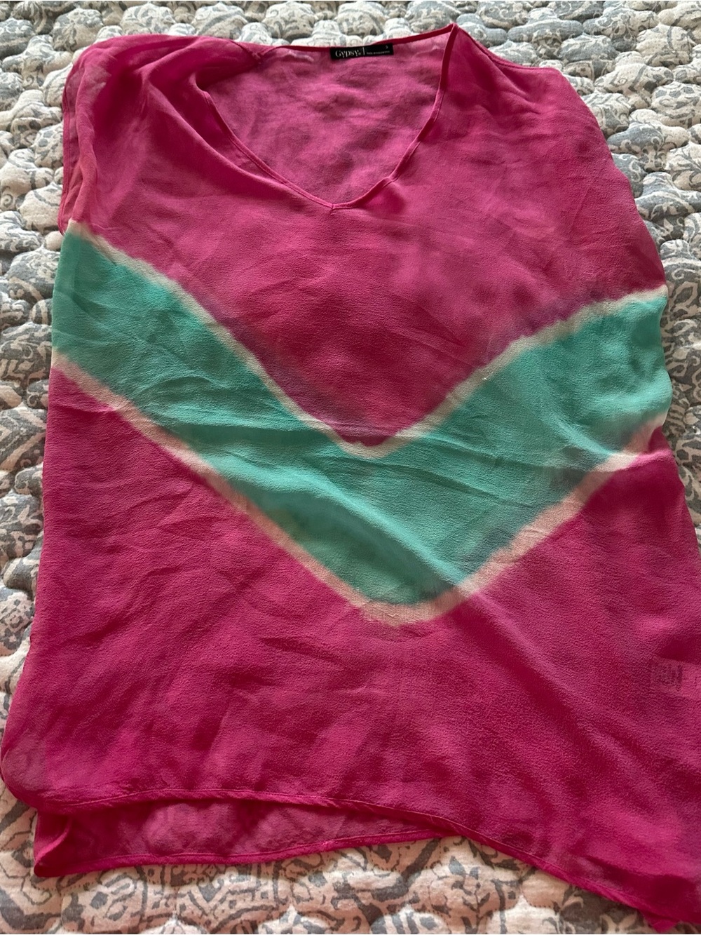 Gypsy 05 100% silk oversized tunic, pink with turquoise accent, women’s s S - Picture 4 of 8